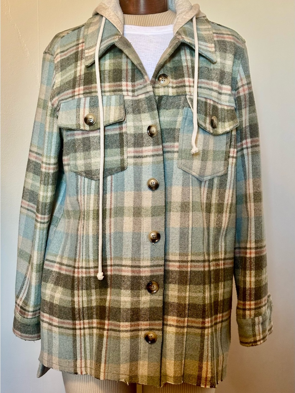 Mystree Sage Green Plaid Hooded Utility Jacket women’s L